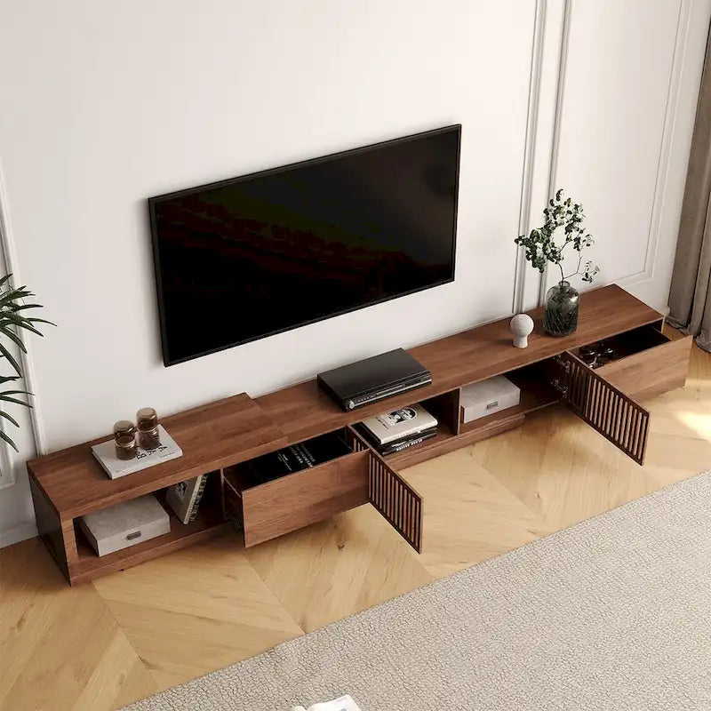 Meuble TV moderne rétractable et extensible avec 4 tiroirs, jusqu'à 262 cm (103 pouces) - 199,4 cm (78,54 po) de profondeur x 40 cm (15,74 po) de largeur x 35 cm (13,78 po) de hauteur