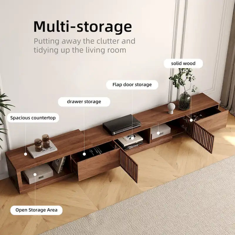 Meuble TV moderne rétractable et extensible avec 4 tiroirs, jusqu'à 262 cm (103 pouces) - 199,4 cm (78,54 po) de profondeur x 40 cm (15,74 po) de largeur x 35 cm (13,78 po) de hauteur