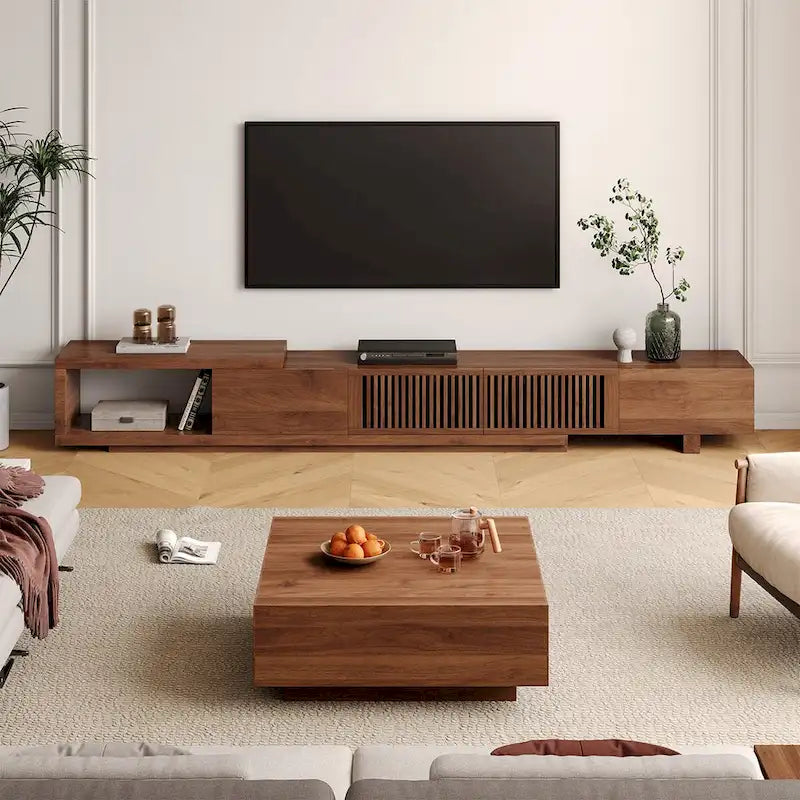 Meuble TV moderne rétractable et extensible avec 4 tiroirs, jusqu'à 262 cm (103 pouces) - 199,4 cm (78,54 po) de profondeur x 40 cm (15,74 po) de largeur x 35 cm (13,78 po) de hauteur