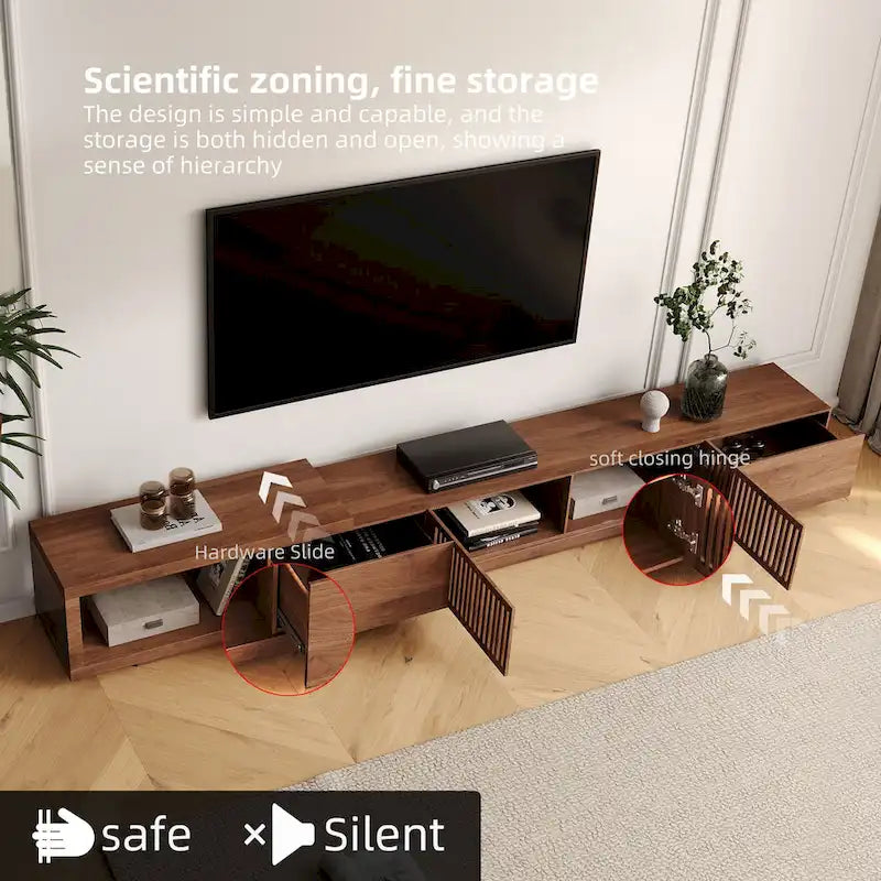 Meuble TV moderne rétractable et extensible avec 4 tiroirs, jusqu'à 262 cm (103 pouces) - 199,4 cm (78,54 po) de profondeur x 40 cm (15,74 po) de largeur x 35 cm (13,78 po) de hauteur