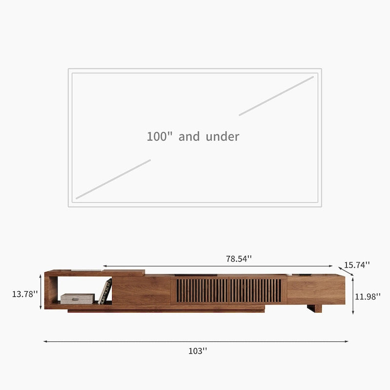 Meuble TV moderne rétractable et extensible avec 4 tiroirs, jusqu'à 262 cm (103 pouces) - 199,4 cm (78,54 po) de profondeur x 40 cm (15,74 po) de largeur x 35 cm (13,78 po) de hauteur