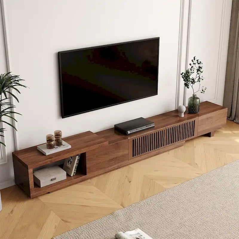 Meuble TV moderne rétractable et extensible avec 4 tiroirs, jusqu'à 262 cm (103 pouces) - 199,4 cm (78,54 po) de profondeur x 40 cm (15,74 po) de largeur x 35 cm (13,78 po) de hauteur