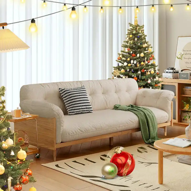 JASIWAY Modern 3-Seat Upholstered Cotton Linen Sofa,Beige