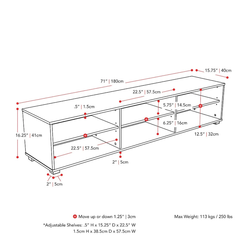Meuble TV moderne et discret de style Hollywood, pour téléviseurs jusqu'à 85 pouces.