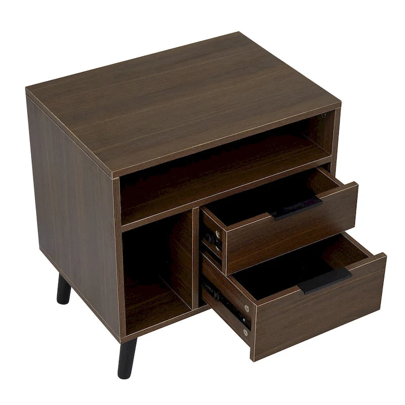 Table de chevet rustique marron Kinbor, table de nuit à 2 tiroirs avec étagère de rangement, table d'appoint pour chambre à coucher ou salon (lot de 2)