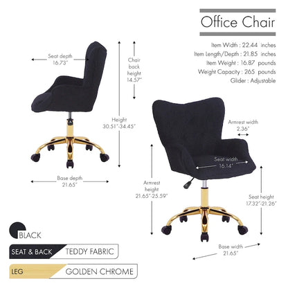 Fauteuil de bureau pivotant Tyra de Porthos Home, tissu Teddy, pieds chromés dorés