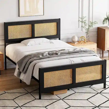 Cadre de lit avec tête et pied de lit en rotin