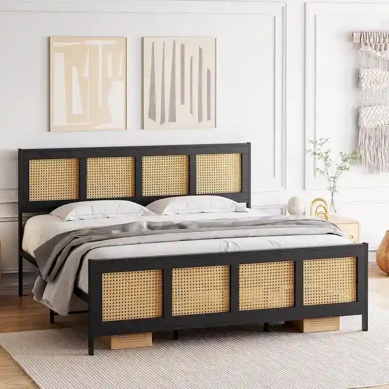 Cadre de lit avec tête et pied de lit en rotin