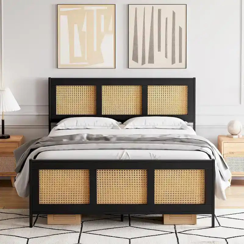 Cadre de lit avec tête et pied de lit en rotin