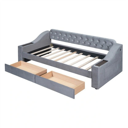 Lit de jour rembourré avec 2 tiroirs de rangement, cadre de lit de jour simple avec accoudoirs de rangement et port USB, cadre de canapé-lit pour chambre à coucher