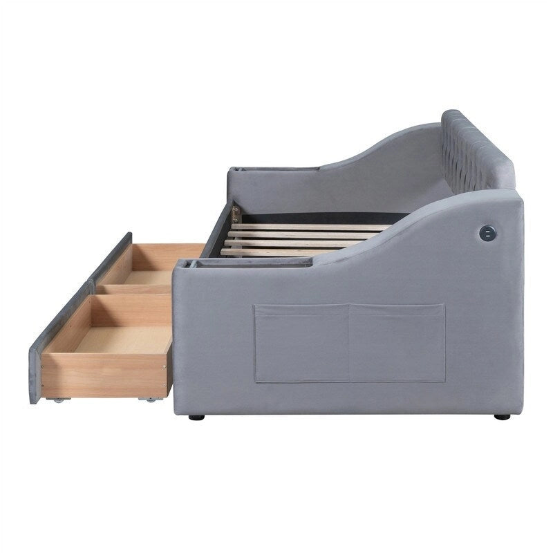 Lit de jour rembourré avec 2 tiroirs de rangement, cadre de lit de jour simple avec accoudoirs de rangement et port USB, cadre de canapé-lit pour chambre à coucher