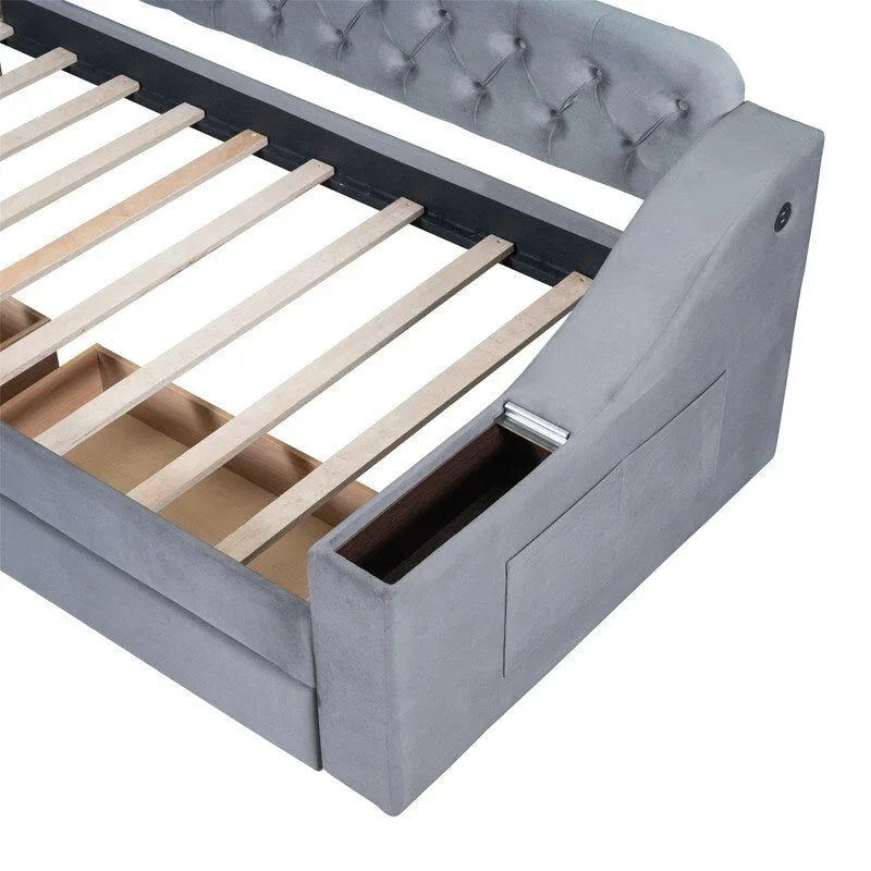 Lit de jour rembourré avec 2 tiroirs de rangement, cadre de lit de jour simple avec accoudoirs de rangement et port USB, cadre de canapé-lit pour chambre à coucher