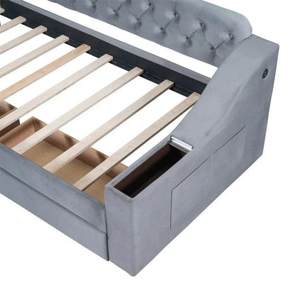 Lit de jour rembourré avec 2 tiroirs de rangement, cadre de lit de jour simple avec accoudoirs de rangement et port USB, cadre de canapé-lit pour chambre à coucher