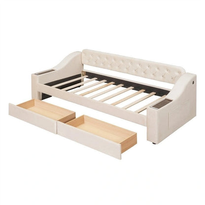 Lit de jour rembourré avec 2 tiroirs de rangement, cadre de lit de jour simple avec accoudoirs de rangement et port USB, cadre de canapé-lit pour chambre à coucher
