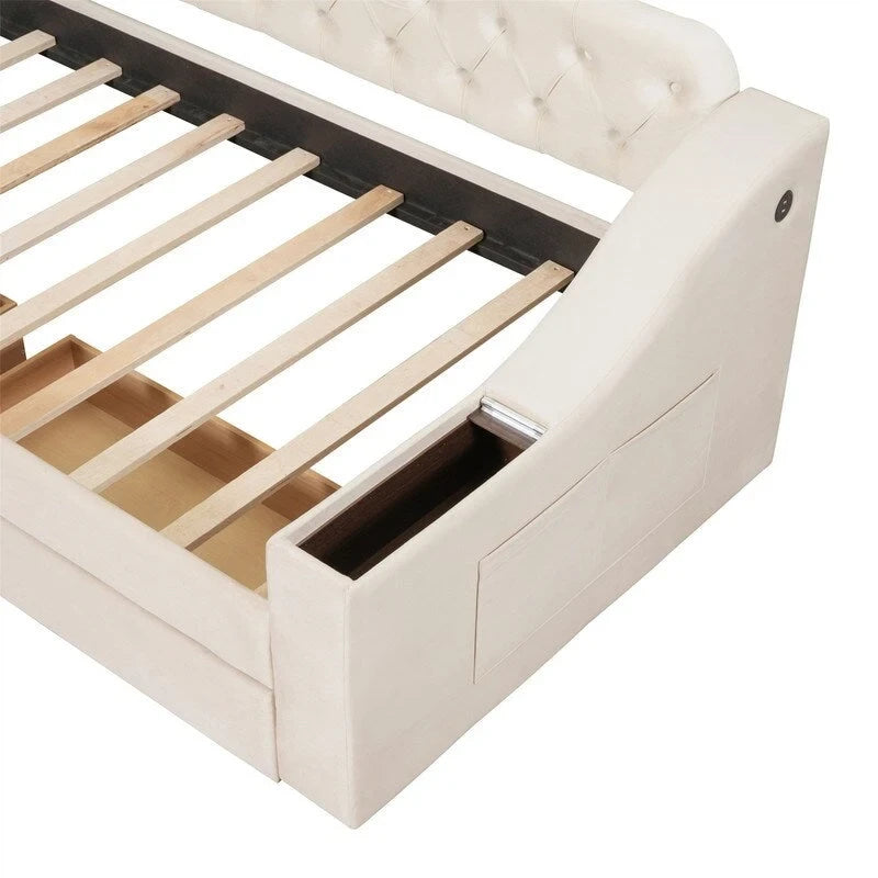 Lit de jour rembourré avec 2 tiroirs de rangement, cadre de lit de jour simple avec accoudoirs de rangement et port USB, cadre de canapé-lit pour chambre à coucher