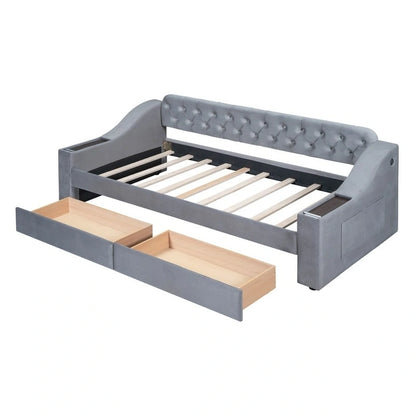 Lit de jour rembourré avec 2 tiroirs de rangement, cadre de lit de jour simple avec accoudoirs de rangement et port USB, cadre de canapé-lit pour chambre à coucher