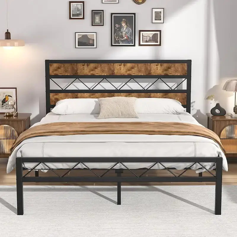 Metal Bed Frame with Brown Wooden Headboard, No Box Spring Needed