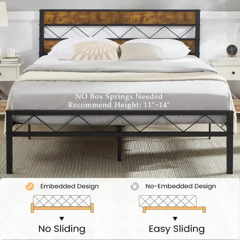 Cadre de lit en métal avec tête de lit en bois brun, sommier non nécessaire