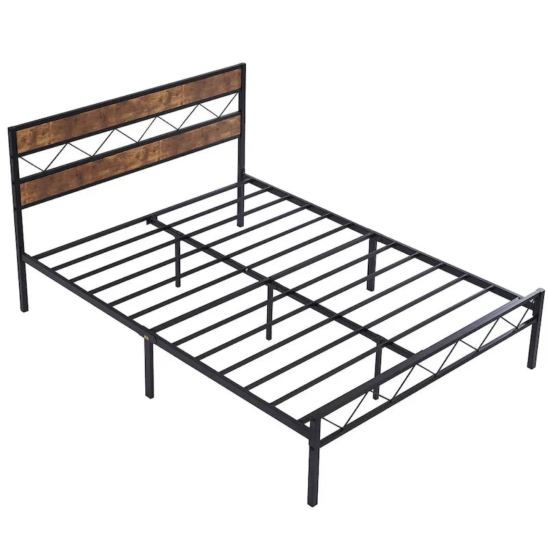 Cadre de lit en métal avec tête de lit en bois brun, sommier non nécessaire