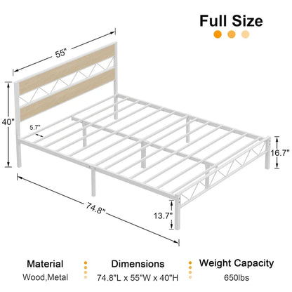Cadre de lit en métal avec tête de lit en bois brun, sommier non nécessaire
