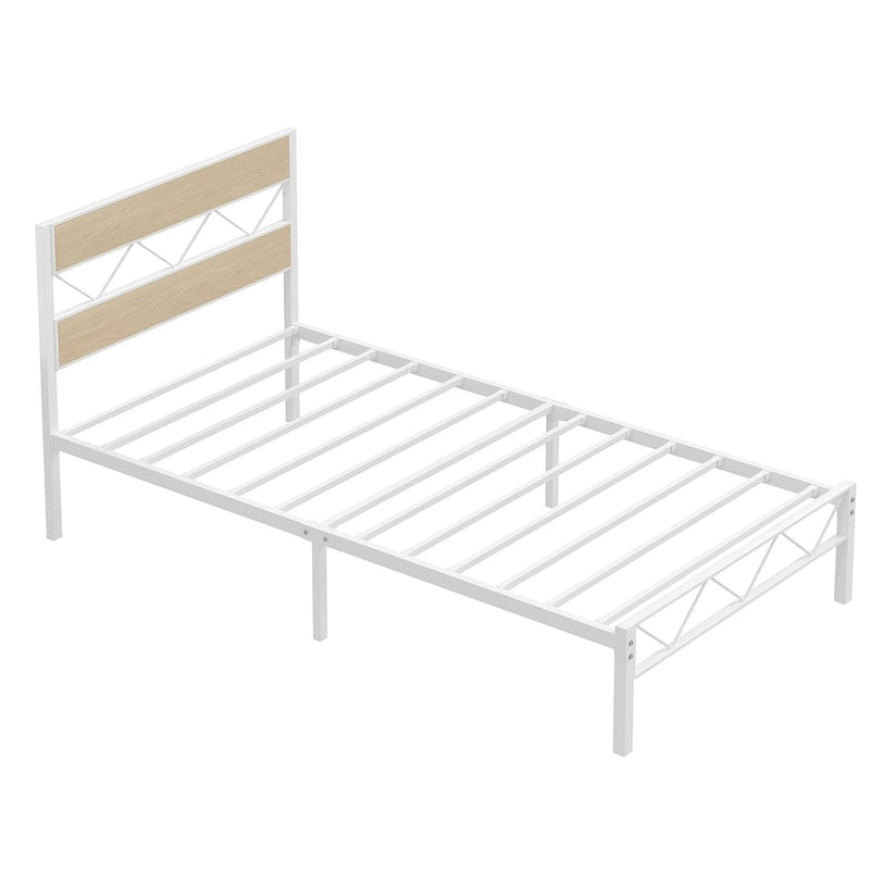 Cadre de lit en métal avec tête de lit en bois brun, sommier non nécessaire