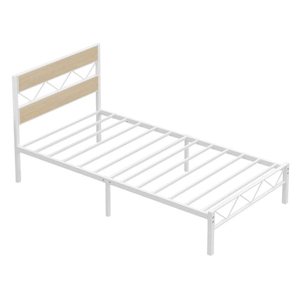 Cadre de lit en métal avec tête de lit en bois brun, sommier non nécessaire