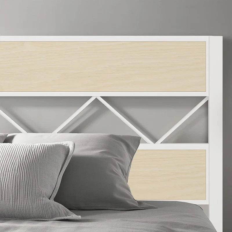 Cadre de lit en métal avec tête de lit en bois brun, sommier non nécessaire