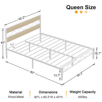 Cadre de lit en métal avec tête de lit en bois brun, sommier non nécessaire
