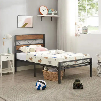 Cadre de lit en métal avec tête de lit en bois brun, sommier non nécessaire