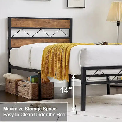 Cadre de lit en métal avec tête de lit en bois brun, sommier non nécessaire