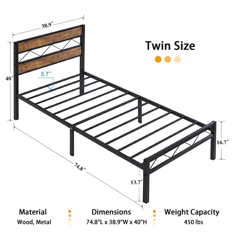 Cadre de lit en métal avec tête de lit en bois brun, sommier non nécessaire