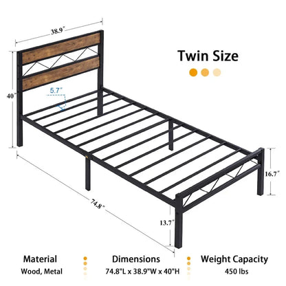 Cadre de lit en métal avec tête de lit en bois brun, sommier non nécessaire