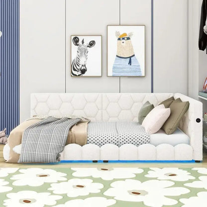 Lit plateforme rembourré Teddy de taille standard avec ports USB et ceinture LED