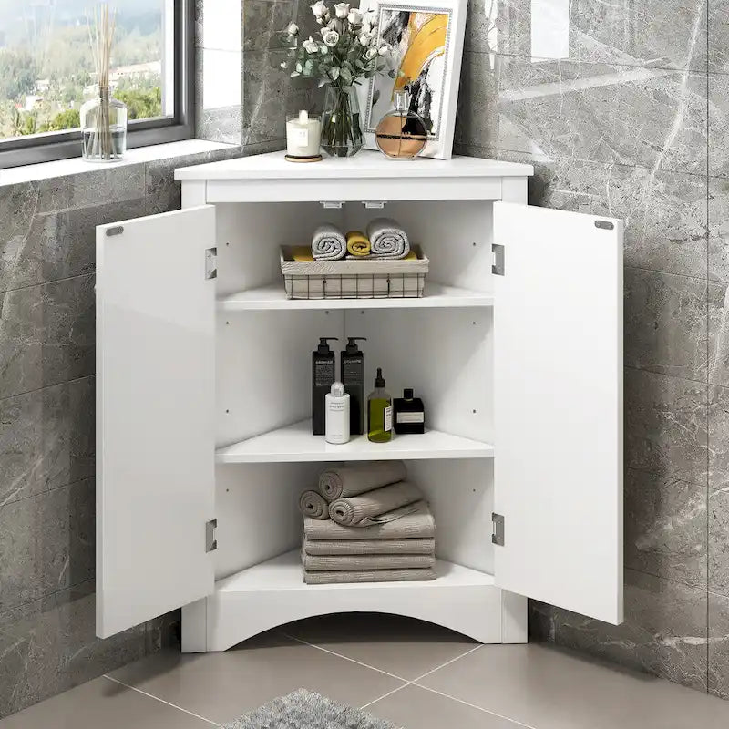 Meuble de rangement triangulaire pour salle de bain avec étagères réglables, 43,7 cm (L) x 43,7 cm (P)