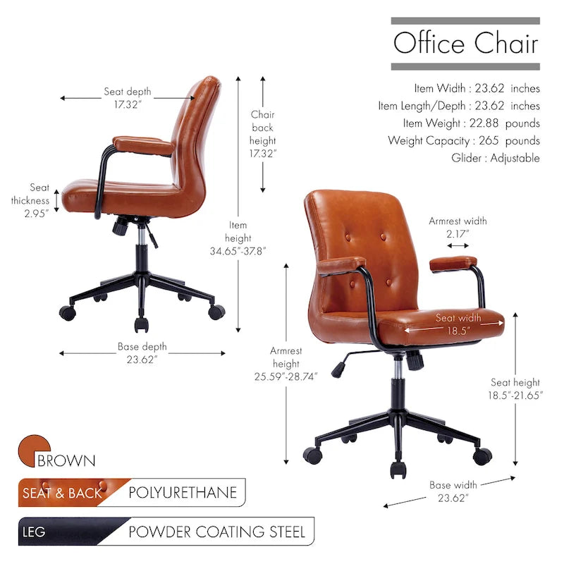 Fauteuil de bureau Porthos Home Ames en similicuir avec piètement à roulettes en acier et système d'inclinaison central