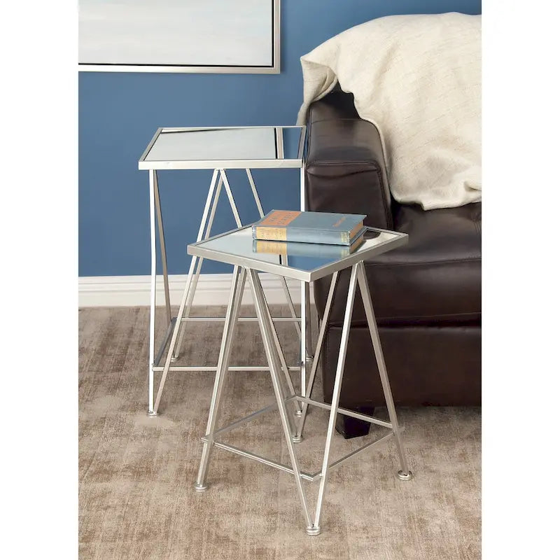 Gold, Silver or Black Metal Contemporary Accent Table with Mirrored Glass Top (Set of 2) - 15 x 15 x 25