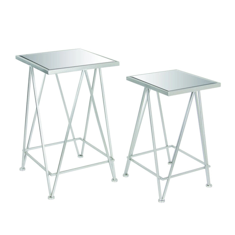 Table d'appoint contemporaine en métal doré, argenté ou noir avec plateau en verre miroir (lot de 2) - 15 x 15 x 25