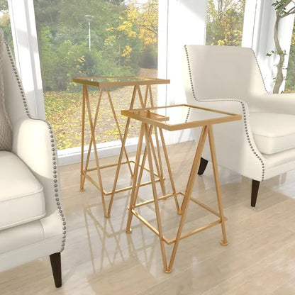 Table d'appoint contemporaine en métal doré, argenté ou noir avec plateau en verre miroir (lot de 2) - 15 x 15 x 25