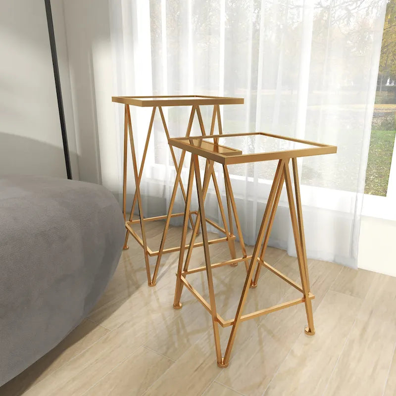 Table d'appoint contemporaine en métal doré, argenté ou noir avec plateau en verre miroir (lot de 2) - 15 x 15 x 25