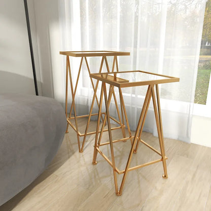 Table d'appoint contemporaine en métal doré, argenté ou noir avec plateau en verre miroir (lot de 2) - 15 x 15 x 25