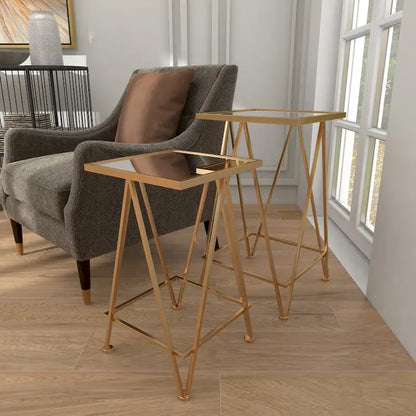 Table d'appoint contemporaine en métal doré, argenté ou noir avec plateau en verre miroir (lot de 2) - 15 x 15 x 25