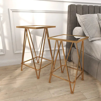 Table d'appoint contemporaine en métal doré, argenté ou noir avec plateau en verre miroir (lot de 2) - 15 x 15 x 25