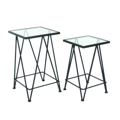 Table d'appoint contemporaine en métal doré, argenté ou noir avec plateau en verre miroir (lot de 2) - 15 x 15 x 25