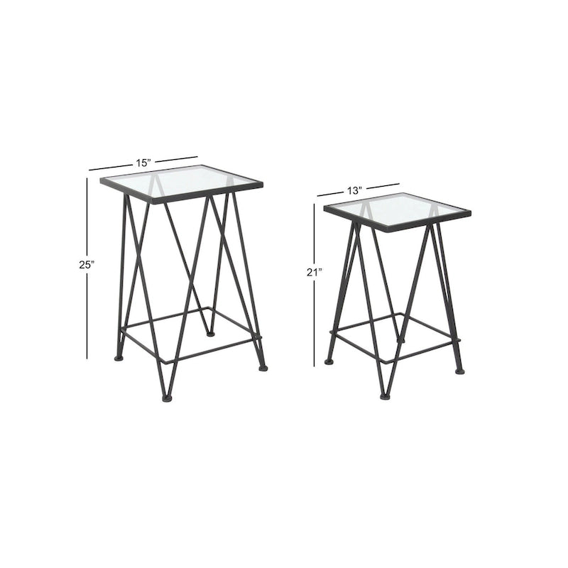 Table d'appoint contemporaine en métal doré, argenté ou noir avec plateau en verre miroir (lot de 2) - 15 x 15 x 25