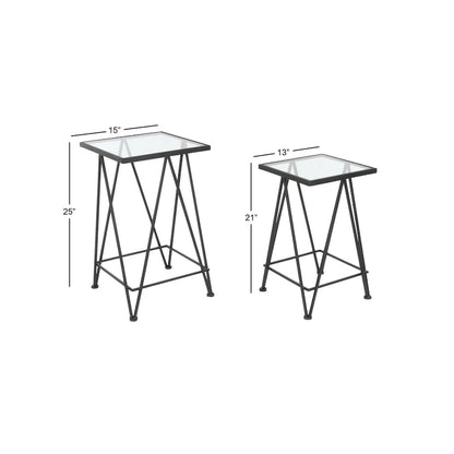 Table d'appoint contemporaine en métal doré, argenté ou noir avec plateau en verre miroir (lot de 2) - 15 x 15 x 25