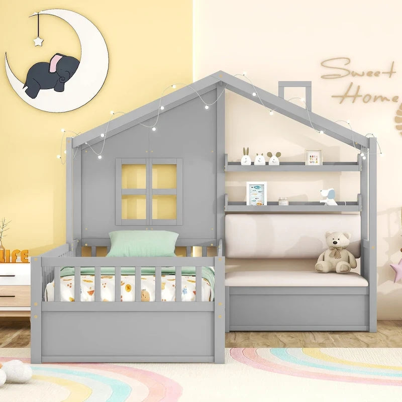 Lit cabane une place avec canapé intégré, lit plateforme enfant avec deux tiroirs et une étagère de rangement, gris