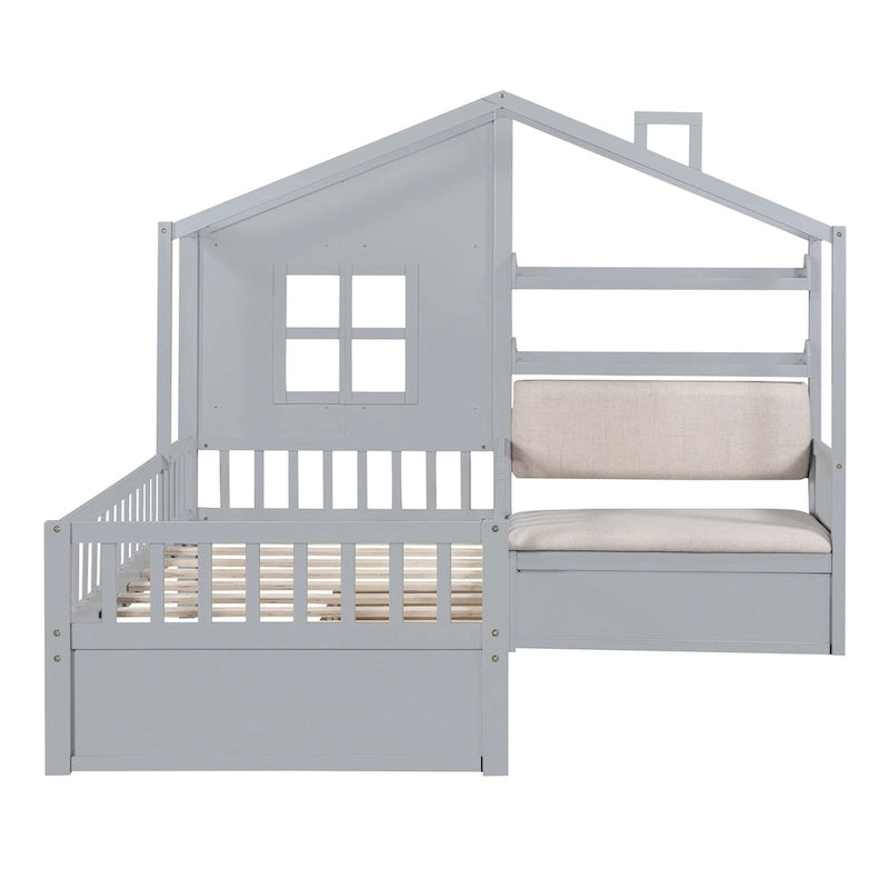 Lit cabane une place avec canapé intégré, lit plateforme enfant avec deux tiroirs et une étagère de rangement, gris