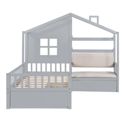 Lit cabane une place avec canapé intégré, lit plateforme enfant avec deux tiroirs et une étagère de rangement, gris