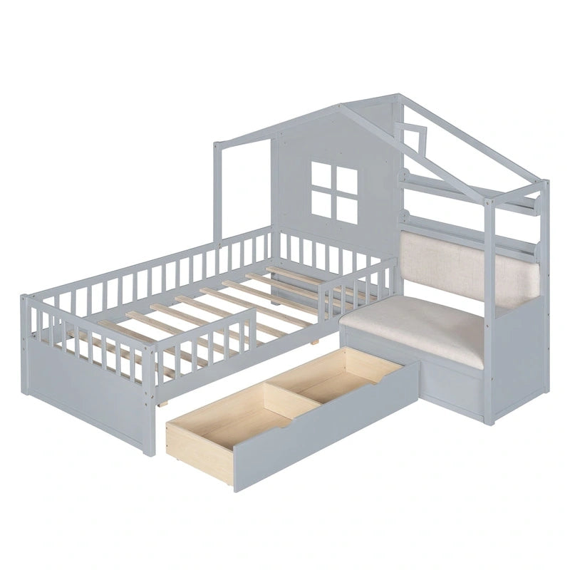 Lit cabane une place avec canapé intégré, lit plateforme enfant avec deux tiroirs et une étagère de rangement, gris