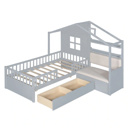 Lit cabane une place avec canapé intégré, lit plateforme enfant avec deux tiroirs et une étagère de rangement, gris
